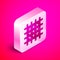 Isometric Cracker biscuit icon isolated on pink background. Sweet cookie. Silver square button. Vector