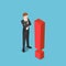 Isometric curious businessman standing with exclamation mark