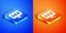 Isometric Currency exchange icon isolated on blue and orange background. Cash transfer symbol. Banking currency sign