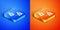 Isometric Currency exchange icon isolated on blue and orange background. Euro and Dollar cash transfer symbol. Banking