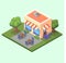 Isometric cute restaurant cafe building with tables, chairs and trees 3D illustration