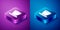 Isometric Cylinder hat icon isolated on blue and purple background. Square button. Vector