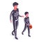 Isometric dad and son wearing skeleton costumes. Halloween party masquerade characters, trick or treat night 3d vector