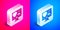 Isometric Dating app online computer concept icon isolated on pink and blue background. Female male profile flat design