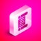 Isometric Decree, paper, parchment, scroll icon icon isolated on pink background. Silver square button. Vector
