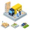 Isometric Delivery Concept with Truck, Courier and Freight Transportation