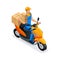 Isometric delivery of the order by the delivery service on the scooter. A man in uniform, carrying orders in corton boxes. Fast de