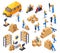 Isometric delivery service, couriers, warehouse workers, round-the-clock work, a large set of symbols for creating