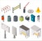 Isometric design of arranged set with urban trash cans, signboards with bus stops, restriction signs isolated on white