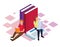 Isometric design of big books and woman and man reading, colorful design