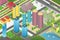 Isometric design of city district with residential buildings and facilities on map.