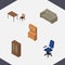 Isometric Design Set Of Office, Couch, Chair And Other Vector Objects. Also Includes Armchair, Wardrobe, Table Elements.