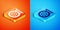 Isometric Dharma wheel icon isolated on orange and blue background. Buddhism religion sign. Dharmachakra symbol. Vector