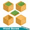 Isometric different wood boxes closed and open with pack of money on white