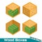 Isometric different wood boxes closed and open from side with pack of money on white