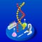 Isometric Digital DNA structure in blue background. Science concept. DNA sequence, Nanotechnology vector illustration.