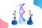 Isometric DNA helix, DNA Analysing concept. Digital blue background. Innovation, medicine, and technology.