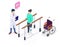 Isometric doctor physiotherapist helping female patient with leg prosthesis to take first step, flat vector illustration