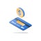 Isometric dollar coin and credit card, payment method, bank services, cash back, financial solution, deposit and withdraw