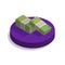 Isometric dollars bundles on purple podium. Flat style