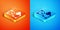 Isometric Donate child toys icon isolated on orange and blue background. Charity kindness, volunteer social assistance