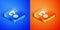 Isometric Donate or pay your zakat as muslim obligatory icon isolated on blue and orange background. Muslim charity or
