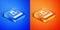 Isometric Donate or pay your zakat as muslim obligatory icon isolated on blue and orange background. Muslim charity or