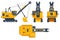 Isometric dragline excavators. Heavy equipment used in civil engineering and surface mining. View front, rear, side and