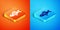 Isometric Dried fish icon isolated on orange and blue background. Vector