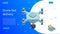Isometric Drone Fast Delivery. Dron flying with action video camera and remote. Landing page