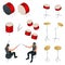 Isometric drummer behind the drum icon set. Rehearsal base, drummer playing the drums set isolated