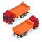 Isometric Dump Truck vector illustration. Isolated on white Hydraulic tipper trailer, coal mine dumper, construction