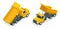 Isometric dumper truck, excavator, dump truck isolated.