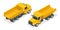 Isometric dumper truck, excavator, dump truck isolated.