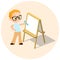 Isometric easel. Young boy with glasses Drawing Whiteboard. Paint desk and white paper isolated on white background. Vector illust