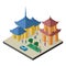 Isometric east asia cityscape. Buddhist temple, pagoda, trees, benches, car and people