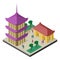 Isometric east asia cityscape. Pagoda, building, trees, benches and people