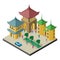Isometric east asia cityscape. Pagoda, urban buildings, trees, benches, car and people