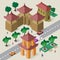 Isometric east asian cityscape of buildings, pagoda, fortress, roadway, cars and people