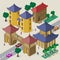 Isometric east asian cityscape of buildings, pagoda, pedestrian bridge, roadway, cars and people