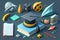 Isometric education concept with academic cap, books and school supplies