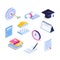 Isometric education icon set. 3d graduation vector illustration. Book, calendar, notebook, graduation cap, goal