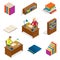 Isometric Educational Concept. Library elements Bookcase, bookshelf. The man is reading a book at the table. Used for