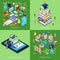 Isometric Educational Concept. Online Education, College Town, Graduation with Cap and Students