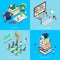 Isometric Educational Concept. Online Education, Online Library, Graduation with Cap and Students