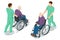 Isometric elderly patient in wheelchair and his caregiver at retirement home. Doctor take care of a man patient sitting
