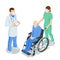 Isometric elderly patient in wheelchair and his caregiver at retirement home. Doctor take care of a man patient sitting