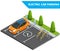 Isometric Electric car parking, electronic car. Ecological concept. Eco friendly green world. Flat 3d vector isometric