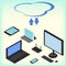 Isometric electronic devices, cloud network services, concept, laptop, smartphone, computer,