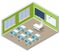 Isometric empty school classroom. Education. Classroom design with modern desks, seats and blackboard. Back to school